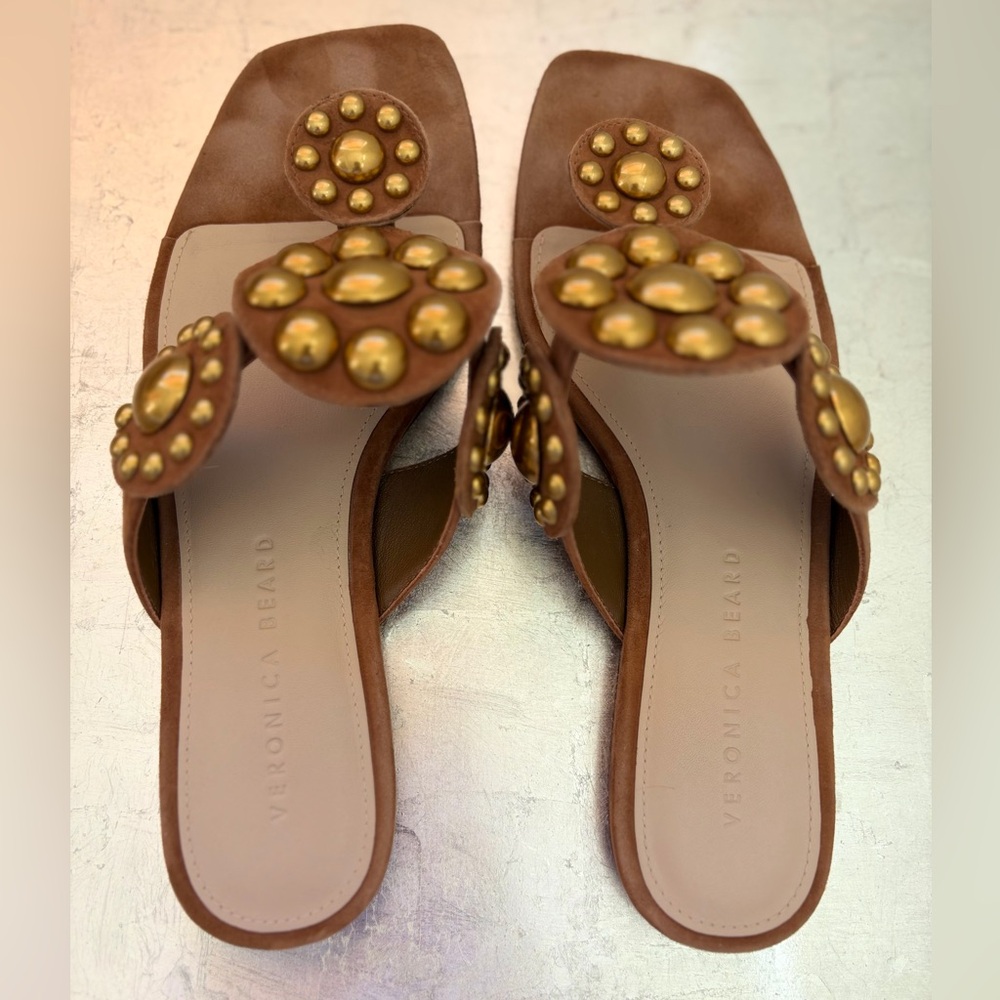 Veronica Beard Tan and Gold Embellished Sandals